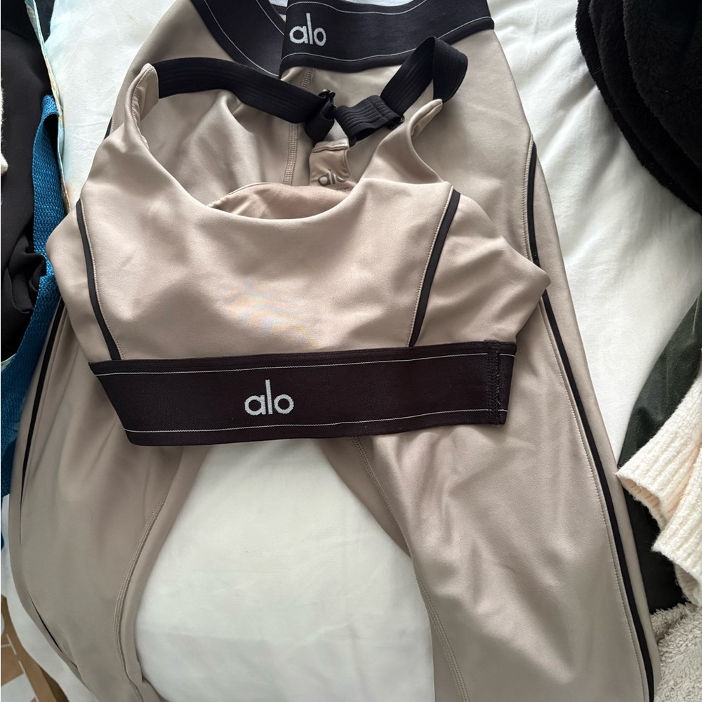 ALO Yoga Taupe Leggings and Sports Bra with Black Waistband Set